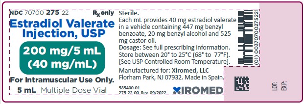 Estradiol valerate injection, USP 40 mg/mL - NDC 70700-275-22 - Vial Label