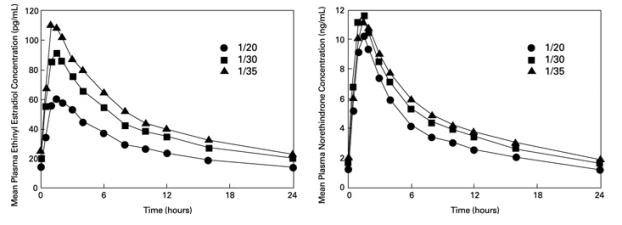 Figure 1. Mean Steady-State Plasma Ethinyl Estradiol and Norethindrone Concentrations Following Chronic Administration of ESTROSTEP Fe