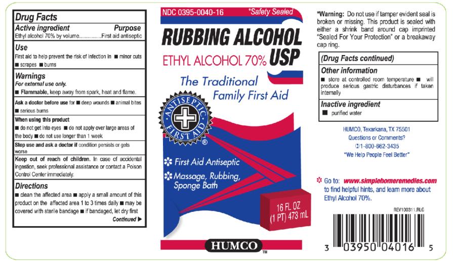 Principal Display Panel
NDC 0395-0040-16
RUBBING ALCOHOL
ETHYL ALCOHOL 70%
USP
First Aid Antiseptic
16 fl oz (1 pt) 473 mL
