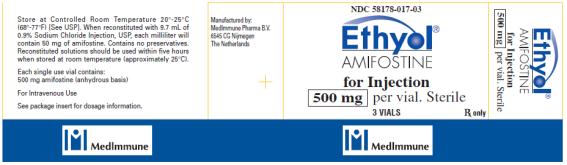 PRINCIPAL DISPLAY PANEL
NDC 58178-017-03
Ethyol®
AMIFOSTINE
for Injection
500 mg per vial. Sterile
3 VIALS Rx only 
