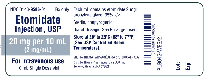 NDC 0143-9506-01 Etomidate Injection, USP 20 mg/10 mL (2 mg/mL) FOR INTRAVENOUS USE Rx ONLY 10 mL Single Dose Vial Each mL contains etomidate 2 mg; propylene glycol 35% v/v. Sterile, nonpyrogenic. USUAL DOSAGE: See Package Insert. Store at 20º to 25ºC (68º to 77ºF) [See USP Controlled Room Temperature].