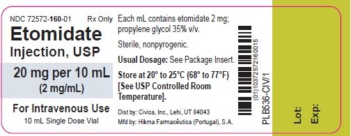 NDC 72572-160-01 Rx Only Etomidate Injection, USP 20 mg per 10 mL (2 mg/mL) For Intravenous Use 10 mL Single Dose Vial