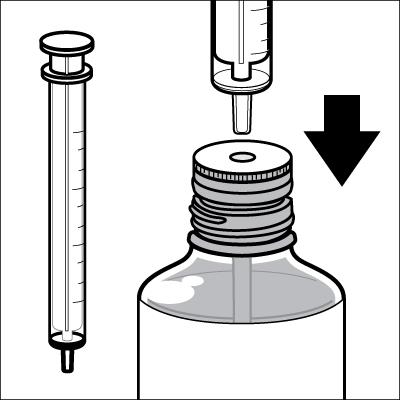 Keep the bottle upright on a firm table and insert tip of syringe into the opening of the white stopper.