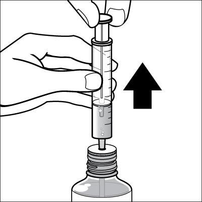 While holding the syringe in place, pull the plunger of the syringe up to the level (see markings on side of syringe) that equals the dose prescribed by your doctor.