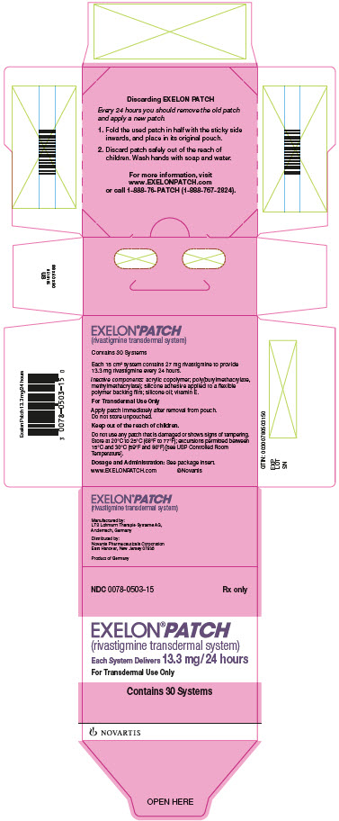 
								PRINCIPAL DISPLAY PANEL
								NDC 0078-0503-15
								Rx only
								EXELON® PATCH
								(rivastigmine transdermal system) 
								Each System Delivers 13.3 mg/24 hours
								For Transdermal Use Only
								Contains 30 Systems
								NOVARTIS
							