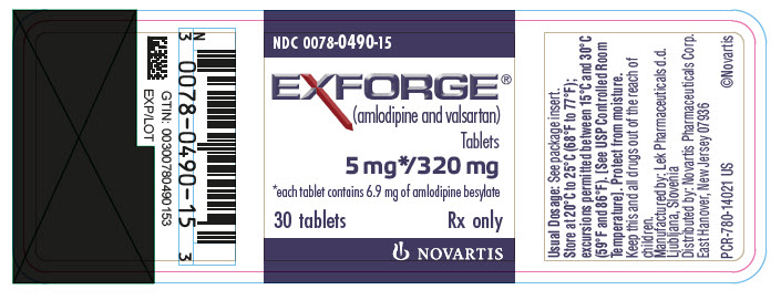 PRINCIPAL DISPLAY PANEL
							NDC 0078-0490-15
							EXFORGE®
							(amlodipine and valsartan)
							Tablets
							5 mg*/320 mg
							*each tablet contains 6.9 mg of amlodipine besylate
							30 tablets
							Rx only
							NOVARTIS
							