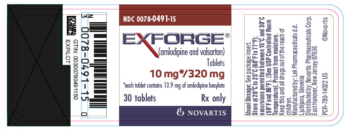PRINCIPAL DISPLAY PANEL
							NDC 0078-0491-15
							EXFORGE®
							(amlodipine and valsartan)
							Tablets
							10 mg*/320 mg
							*each tablet contains 13.9 mg of amlodipine besylate
							30 tablets
							Rx only
							NOVARTIS
							
