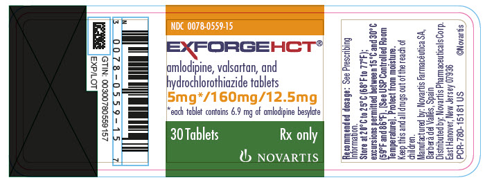PRINCIPAL DISPLAY PANEL
							NDC 0078-0559-15
							EXFORGE HCT®
							amlodipine, valsartan, and hydrochlorothiazide tablets
							5 mg* / 160 mg / 12.5 mg
							*each tablet contains 6.9 mg of amlodipine besylate
							30 Tablets
							Rx only
							NOVARTIS
							