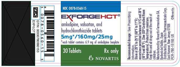 PRINCIPAL DISPLAY PANEL
							NDC 0078-0560-15
							EXFORGE HCT®
							amlodipine, valsartan, and hydrochlorothiazide tablets
							5 mg* / 160 mg / 25 mg
							*each tablet contains 6.9 mg of amlodipine besylate
							30 Tablets
							Rx only
							NOVARTIS
							