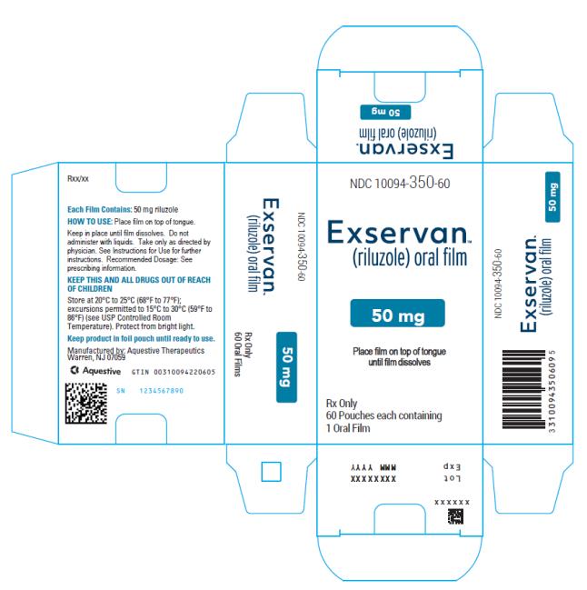 NDC 10094-350-60
Exservan
(riluzole) oral film
50 mg
Rx Only
60 Pouches each containing
1 Oral Film
