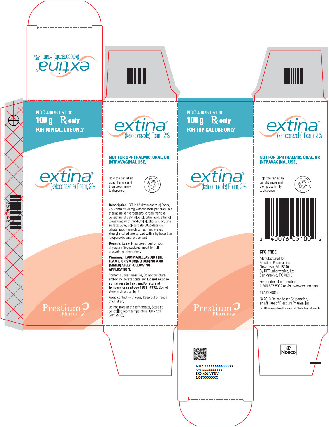 PRINCIPAL DISPLAY PANEL NDC 40076-051-00 100 g Rx only FOR TOPICAL USE ONLY extina® (ketoconazole) Foam, 2%