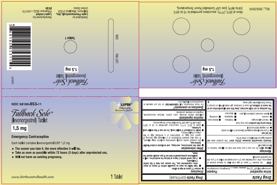Fallback Solo (levonorgestrel) Tablet, 1.5 mg
NDC 68180-853-11
							Wallet Label: 1 Tablet