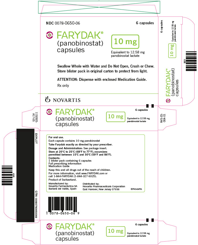 PRINCIPAL DISPLAY PANEL
NDC 0078-0650-06
6 capsules
FARYDAK
(panobinostat)
capsules
10 mg
Swallow Whole with Water and Do Not Open, Crush or Chew.
Store blister pack in original carton to protect from light.
ATTENTION: Dispense with enclosed Medication Guide
Rx only