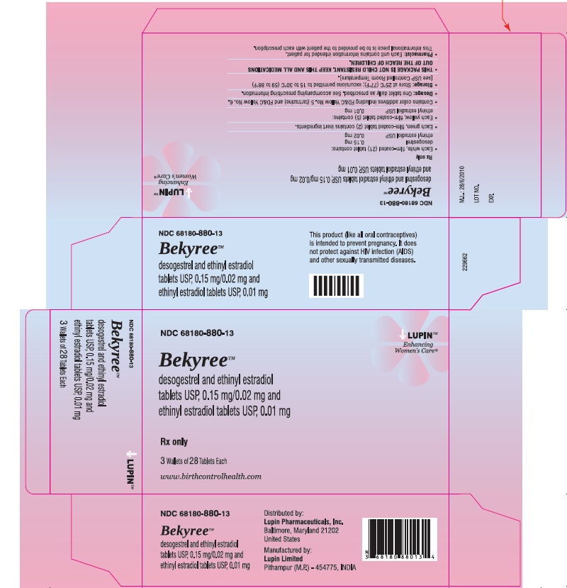 Bekyree
(desogestrel and ethinyl estradiol tablets USP (0.15 mg/0.02 mg) and ethinyl estradiol tablets (0.01 mg)]
NDC 68180-880-13
																											Carton Label: 3 Wallets of 28 Tablets each