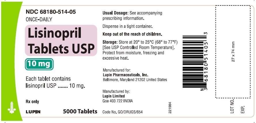 LISINOPRIL TABLETS USP
Rx Only
10 mg
NDC 68180-514-05
5000 Tablets