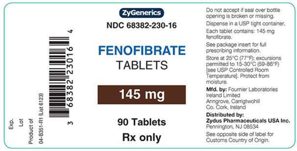 NDC 68382–230–16 
ZyGenerics 
FENOFIBRATE TABLETS 
145 mg 90 Tablets 
Rx only 
