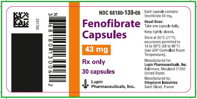 NDC 68180-130-06

Fenofibrate Capsules

43 mg

Rx only

30 capsules

Lupin Pharmaceuticals, Inc.