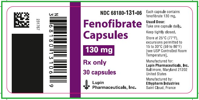 NDC 68180-131-06

Fenofibrate Capsules

130 mg

Rx only

30 capsules

Lupin Pharmaceuticals, Inc.
