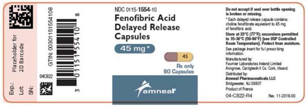 NDC 0115-1554-10 
Fenofibric Acid
Delayed Release 
Capsules
45 mg*
Do not accept if seal over bottle opening is broken or missing. 
* Each delayed release capsule contains: choline fenofibrate equivalent to 45 mg of fenofibric acid. 
Rx only 
90 Capsules 
Amneal 
