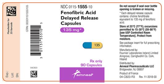 NDC 0115-1555-10 
Fenofibric Acid
Delayed Release Capsules
135 mg*
Do not accept if seal over bottle opening is broken or missing.
* Each delayed release capsule contains: choline fenofibrate equivalent to 135 mg of fenofibric acid. 
Rx only 
90 Capsules 
Amneal 
