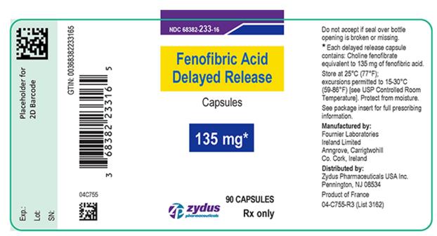 NDC 68382-233-16 
FENOFIBRIC ACID DELAYED RELEASE CAPSULES 135 mg 
