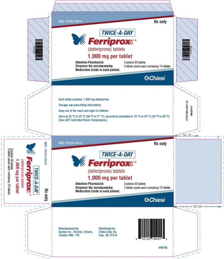 Chiesi USA, Inc. NDC 10122-104-01 
Ferriprox (deferiprone) tablets
1,000 mg 
Rx only
50 Tablets 
