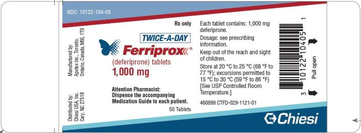 Chiesi USA, Inc. NDC 10122-104-05 
Ferriprox (deferiprone) tablets
1,000 mg 
Rx only
50 Tablets 
