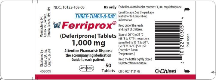 Chiesi USA, Inc. NDC 10122-103-05 
Ferriprox (deferiprone) tablets
1,000 mg 
Rx only
50 Tablets 
