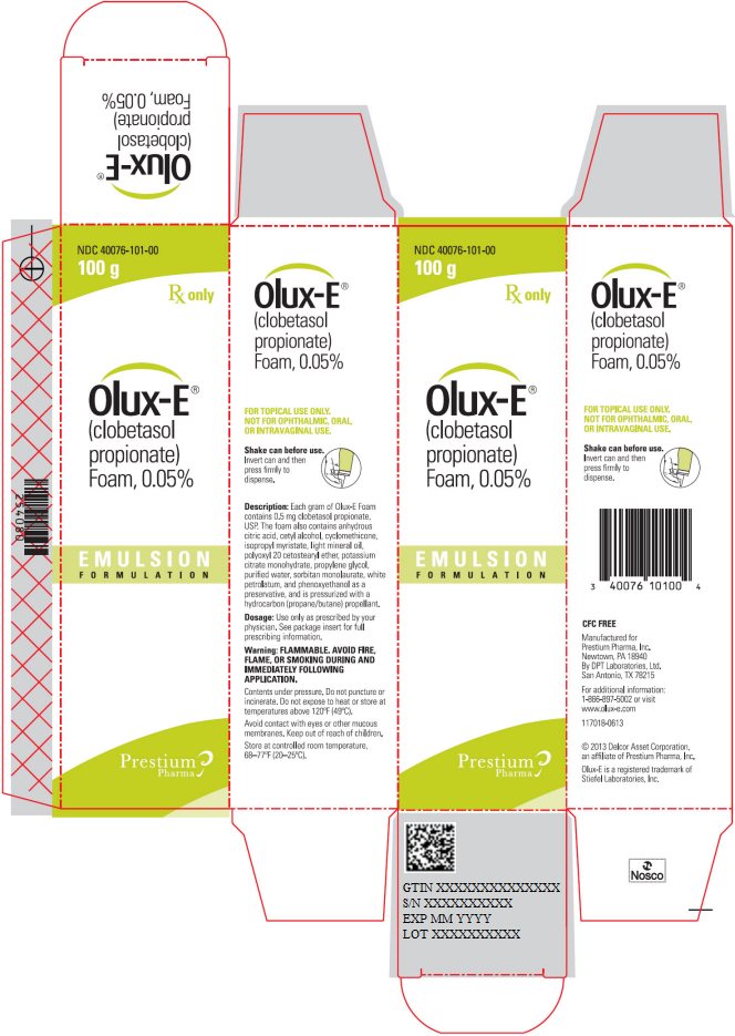 NDC 40076-101-00 100 g Rx only Olux-E® (clobetasol propionate) Foam, 0.05% Emulsion Formulation Prestium Pharma