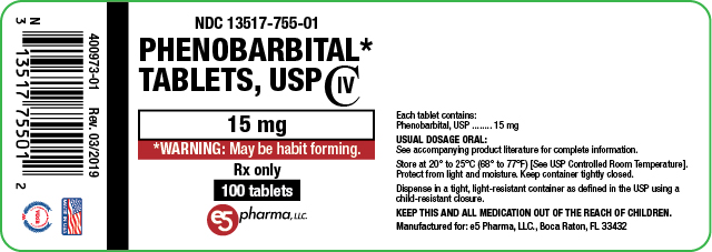NDC 13517-755-01 Phenobarbital Tablets, USP 15 mg 100 Tablets Rx Only