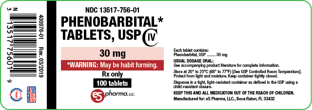 NDC 13517-756-01 Phenobarbital Tablets, USP 30 mg 100 Tablets Rx Only