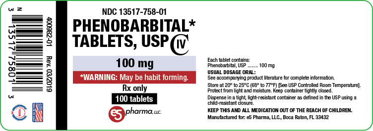 NDC 13517-758-01 Phenobarbital Tablets, USP 100 mg 100 Tablets Rx Only