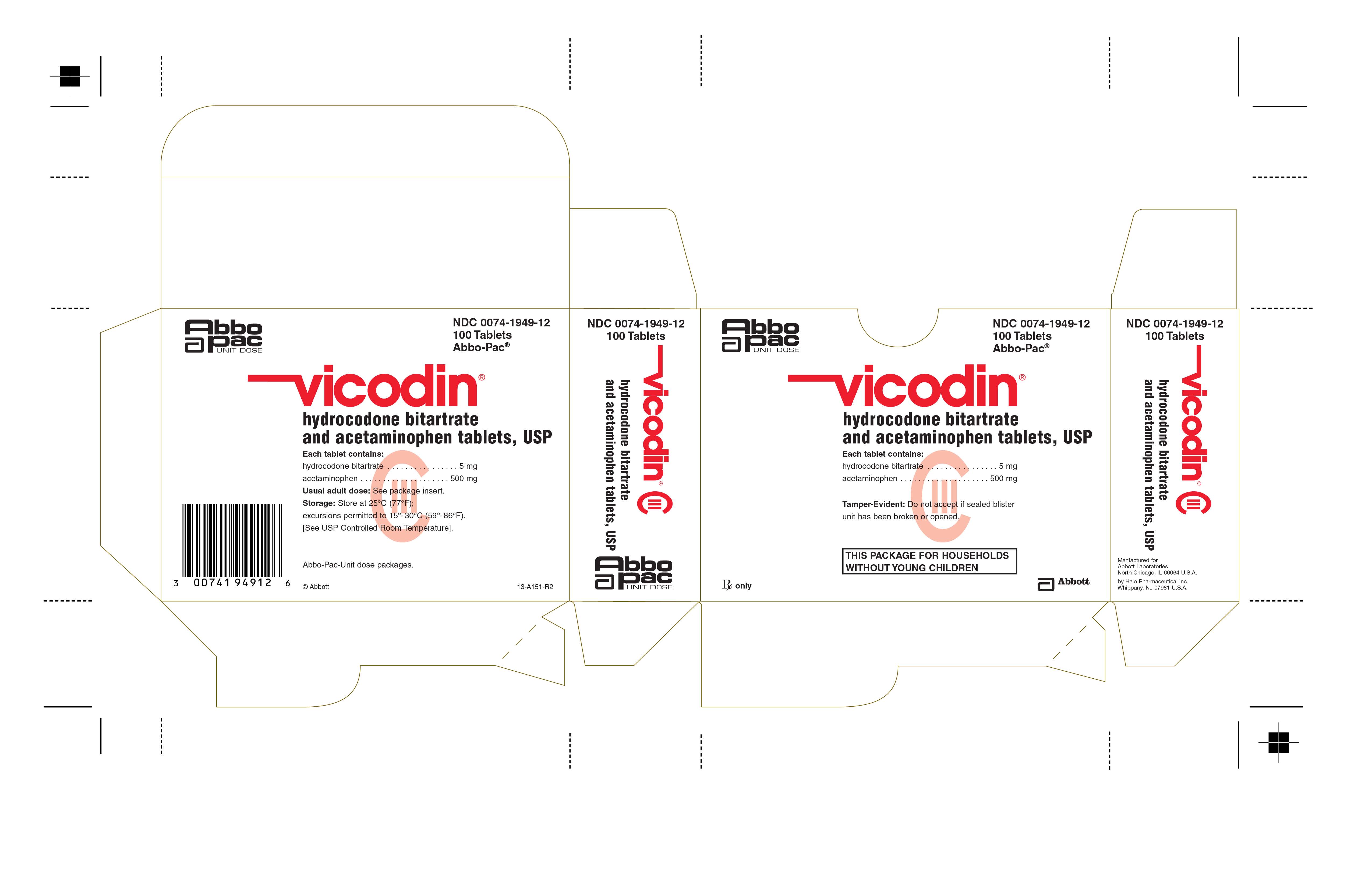 NDC 0074-1949-12 Vicodin® 5 mg 100 Tablets Abbo-pac® HUD