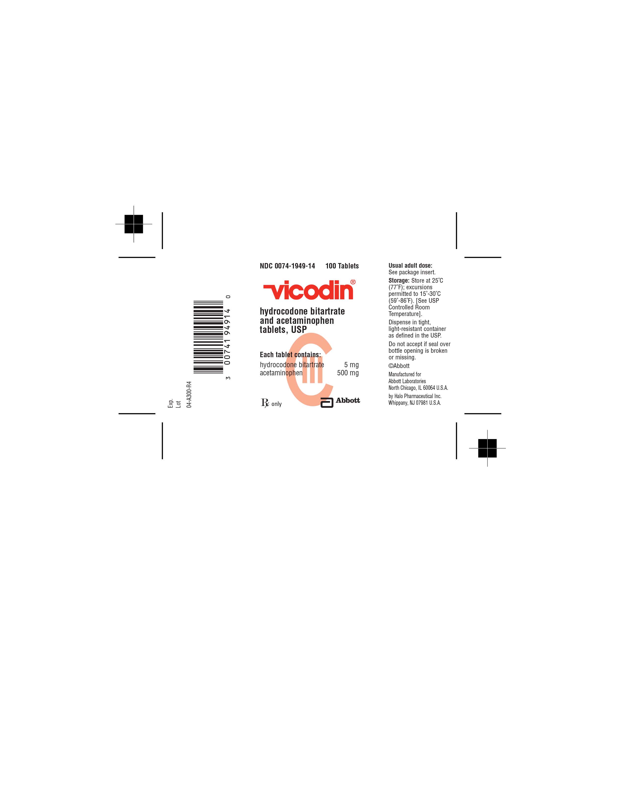 NDC 0074-1949-14 Vicodin® 5mg tablets 100 tablets