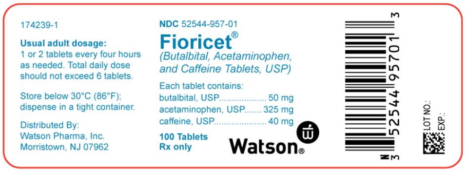Fioricet® (Butalbital, Acetaminophen, and Caffeine Tablets, USP)
Bottle with 100 Tablets
NDC 52544-957-01 
