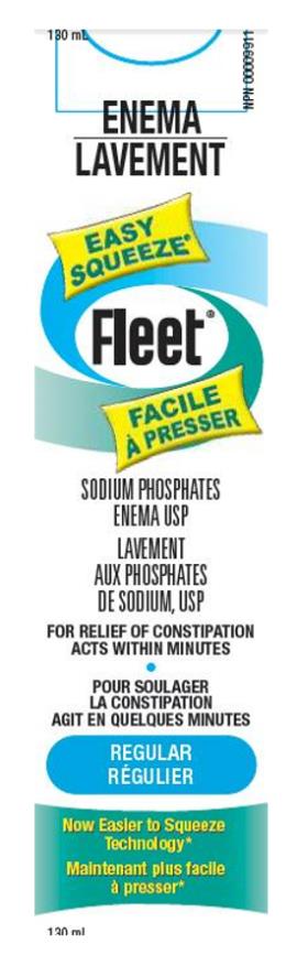 Fleet
SODIUM PHOSPHATES
ENEMA USP
FOR RELIEF OF CONSTIPATION 
ACTS WITHIN MINUTES
REGULAR
130 ml
