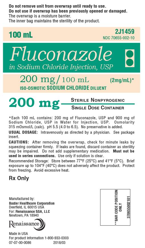 PRINCIPAL DISPLAY PANEL
NDC 70655-002-10
100 mL
Fluconazole 
in Sodium Chloride Injection, USP
200 mg/ 100 mL (2 mg/mL)*
ISO-OSMOTIC SODIUM CHLORIDE DILUENT
200 mg
Rx Only
 
