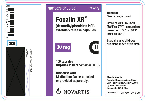 PRINCIPAL DISPLAY PANEL          NDC 0078-0433-05          Rx only          Focalin XR®          (dexmethylphenidate HCl)          extended-release capsules          30 mg          100 capsules          Dispense in tight container (USP).          Dispense with Medication Guide attached or provided separately.          NOVARTIS