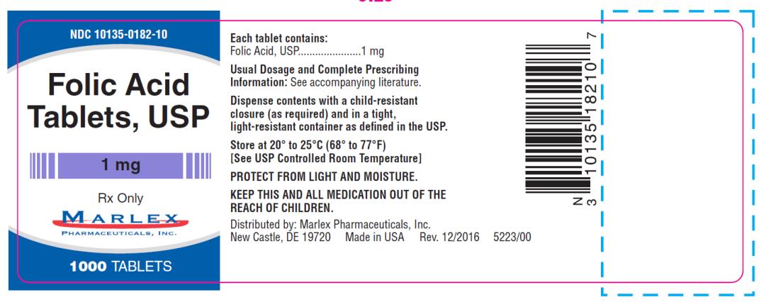 PRINCIPAL DISPLAY PANEL
NDC 10135-0182-10
Marlex
Folic Acid
tablets, USP
1 mg
1000 Tablets
Rx Only
