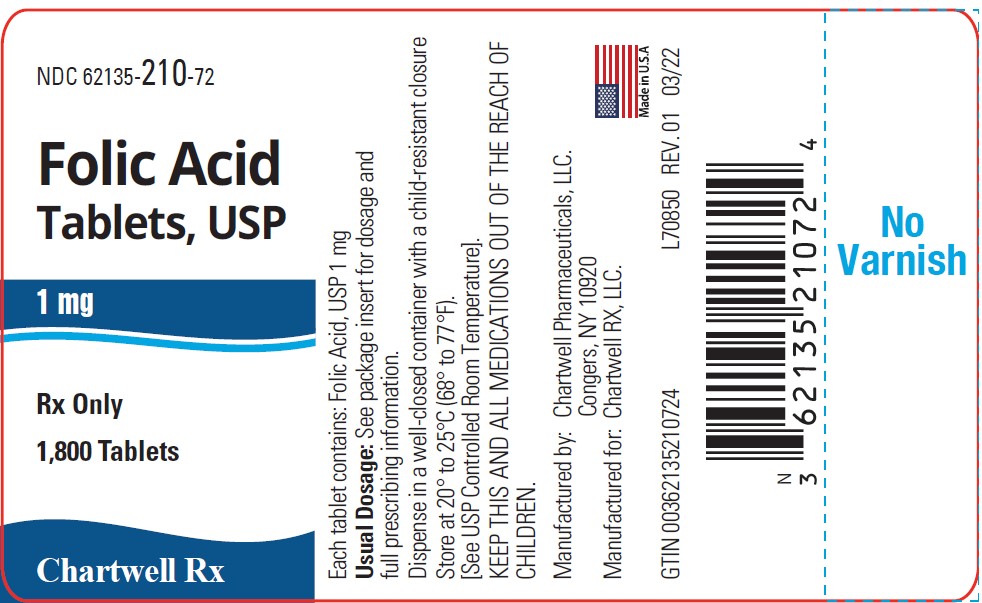 Folic Acid Tablets, USP 1 mg - NDC 62135-210-72 - 1800 Tablet Label