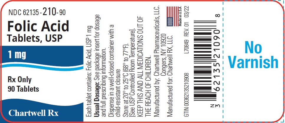 Folic Acid Tablets, USP 1 mg - NDC 62135-210-90 - 90 Tablet Label