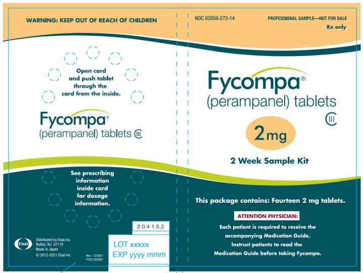 PRINCIPAL DISPLAY PANEL - 4 mg Tablet
NDC 62856-274-30
30 tablets
Rx only
Fycompa™
(perampanel)
tablets
CIII
4 mg
ATTENTION PHARMACIST:
Dispense the accompanying
Medication Guide to each patient.
