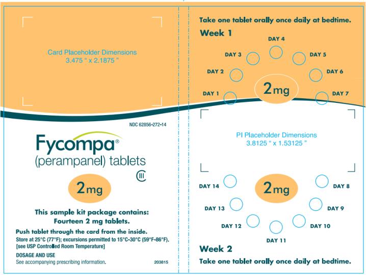 NDC 62856-274-90
90 tablets
Rx only
Fycompa™
(perampanel)
tablets
CIII
4 mg
ATTENTION PHARMACIST:
Dispense the accompanying
Medication Guide to each patient.
