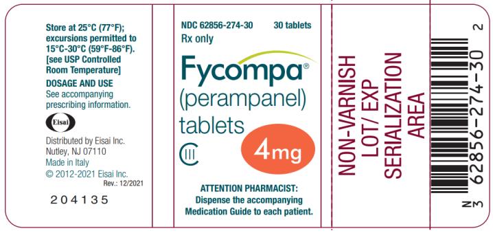 PRINCIPAL DISPLAY PANEL - 4 mg Tablet
NDC 62856-274-14
14 tablets
Rx only
Fycompa
(perampanel) tablets
CIII
4 mg
2 week sample Kit
