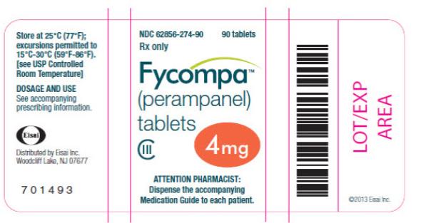 PRINCIPAL DISPLAY PANEL - 4 mg Tablet
NDC 62856-274-30
30 tablets
Rx only
Fycompa™
(perampanel)
tablets
CIII
4 mg
ATTENTION PHARMACIST:
Dispense the accompanying
Medication Guide to each patient.
