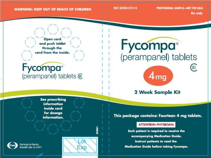 NDC 62856-276-90
90 tablets
Rx only
Fycompa™
(perampanel)
tablets
CIII
6 mg
ATTENTION PHARMACIST:
Dispense the accompanying
Medication Guide to each patient.
