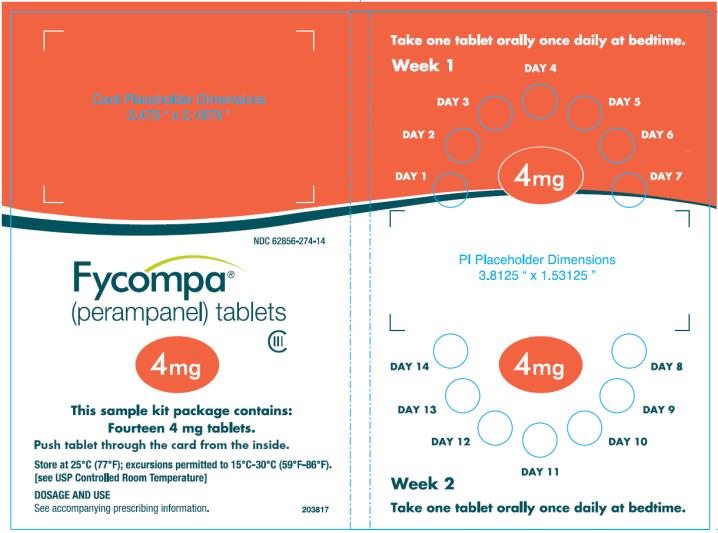 NDC 62856-278-30
30 tablets
Rx only
Fycompa™
(perampanel)
tablets
CIII
8 mg
ATTENTION PHARMACIST:
Dispense the accompanying
Medication Guide to each patient
