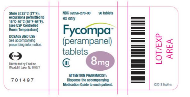 NDC 62856-278-90
90 tablets
Rx only
Fycompa™
(perampanel)
tablets
CIII
8 mg
ATTENTION PHARMACIST:
Dispense the accompanying
Medication Guide to each patient
