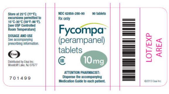 NDC 62856-280-90
90 tablets
Rx only
Fycompa™
(perampanel)
tablets
CIII
10 mg
ATTENTION PHARMACIST:
Dispense the accompanying
Medication Guide to each patient.
