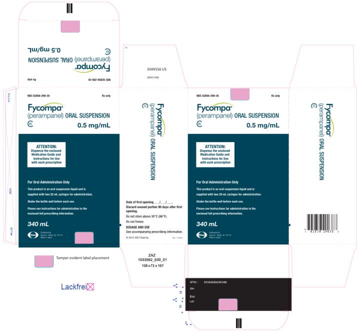 PRINCIPAL DISPLAY PANEL - 0.5 mg/mL Oral Suspension
NDC 62856-290-38
0.5 mg/mL
Rx only
Fycompa®
(perampanel)
ORAL SUSPENSION
CIII
340 mL
